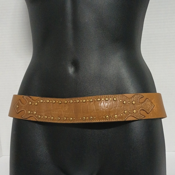 Chico's Genuine Leather Brown Gold Distressed Studded Western Belt Size Small - Picture 6 of 16